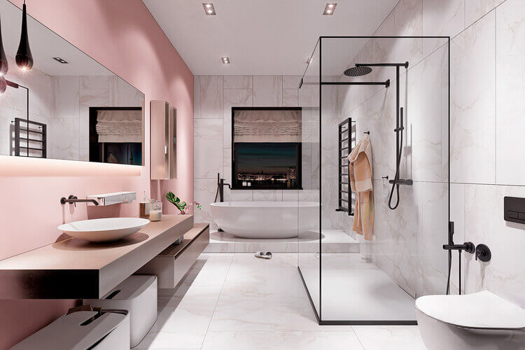 salle de bain au decor de fond decran rose vif 