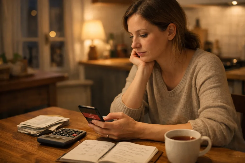 Femme vérifiant le solde de son compte bancaire sur son téléphone, calculatrice et carnet de budget sur la table