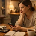 Femme vérifiant le solde de son compte bancaire sur son téléphone, calculatrice et carnet de budget sur la table