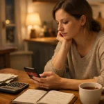 Femme vérifiant le solde de son compte bancaire sur son téléphone, calculatrice et carnet de budget sur la table