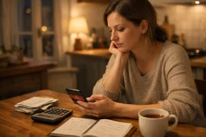Femme vérifiant le solde de son compte bancaire sur son téléphone, calculatrice et carnet de budget sur la table