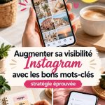 Un écran de smartphone montrant un feed Instagram avec plusieurs posts optimisés avec des mots-clés.
