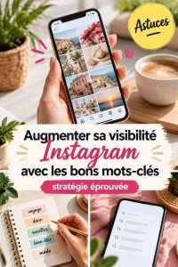 Un écran de smartphone montrant un feed Instagram avec plusieurs posts optimisés avec des mots-clés.