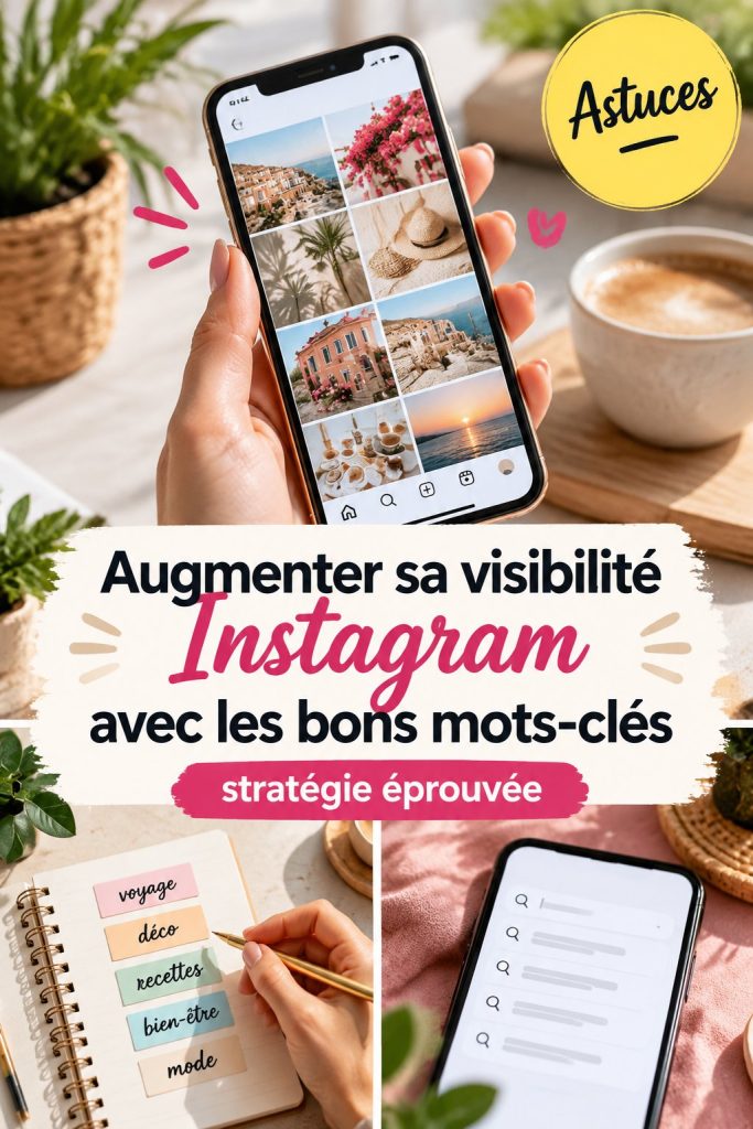 Un écran de smartphone montrant un feed Instagram avec plusieurs posts optimisés avec des mots-clés.