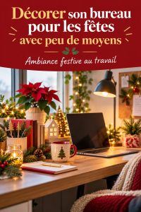 Bureau festif décoré pour les fêtes avec des lumières et des boules colorées.