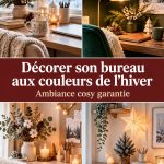 Un bureau décoré aux couleurs de l'hiver avec des accessoires chaleureux.