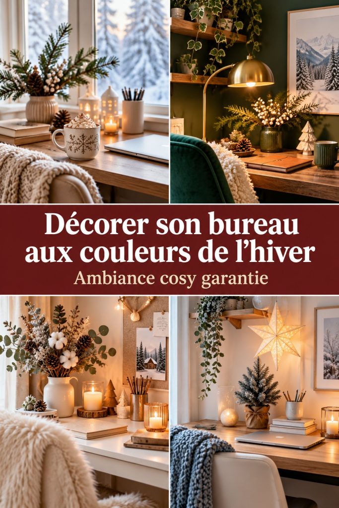 Un bureau décoré aux couleurs de l'hiver avec des accessoires chaleureux.