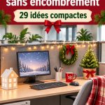 Bureau décoré de manière festive pour Noël avec des éléments minimalistes.