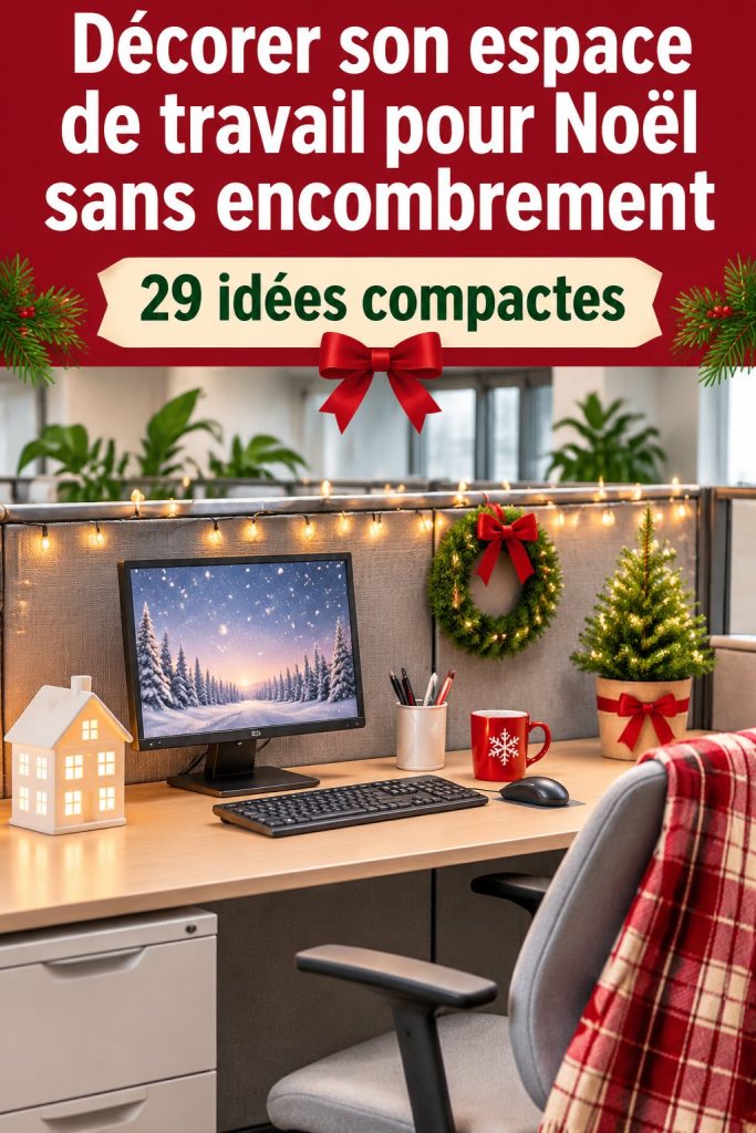 Bureau décoré de manière festive pour Noël avec des éléments minimalistes.