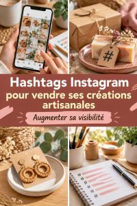 Un collage d'images de créations artisanales bien mises en avant avec des hashtags Instagram.